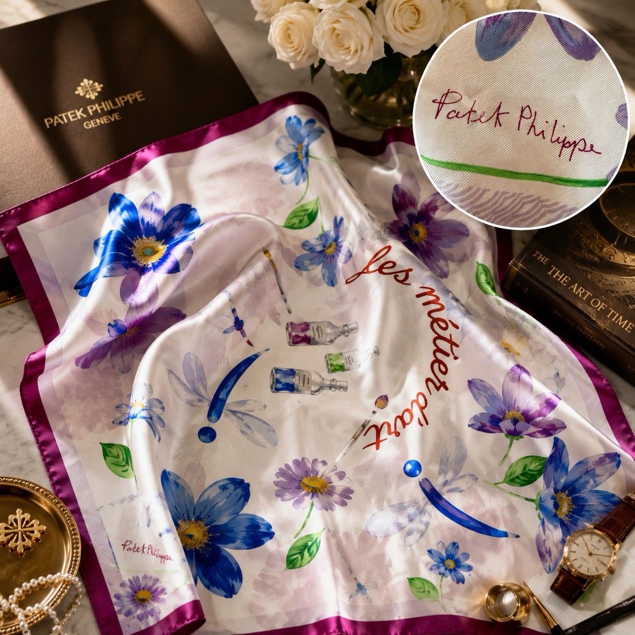 Patek Philippe Les Mtiers Dart Silk Scarf 34 Hand Rolled Floral Dragonfly